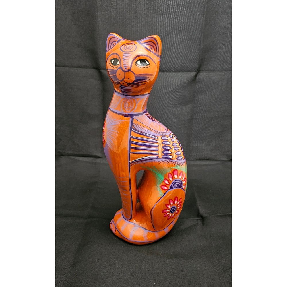 Mexican Clay Pottery Cat Hand Painted Folk Art Floral Figure/Bank